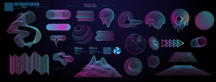 Vector estilo retro futurista de colección de objetos 3d en los años 80-90. vector de elementos abstractos geométricos.