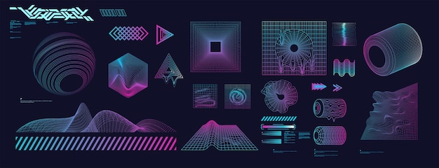 Estilo retro futurista de colección de objetos 3D en los años 80-90. Vector de elementos abstractos geométricos.