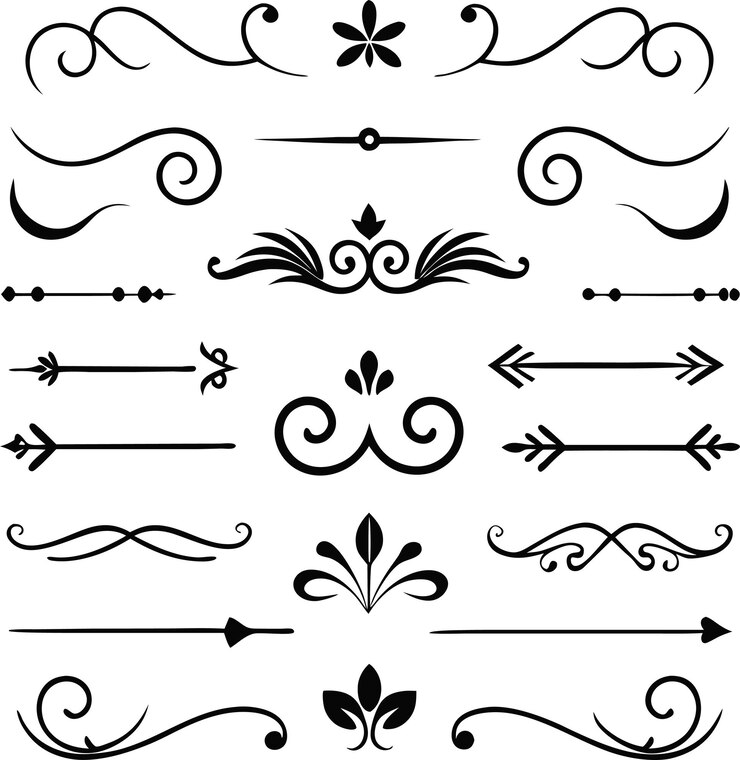 Estilo romano Elementos de diseño caligráfico Divisores ornamentados y juegos de tocados