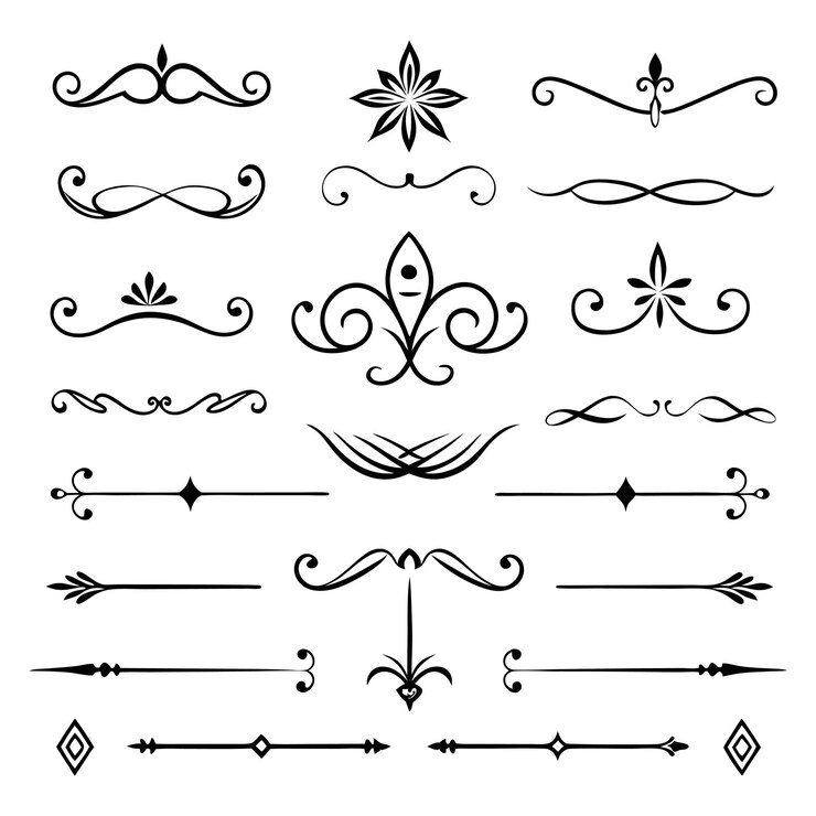 Estilo romano Elementos de diseño caligráfico Divisores ornamentados y juegos de tocados