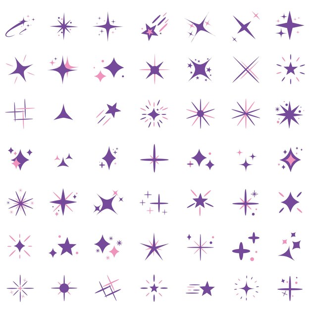 Vector estilo rosa y morado de estrellas brillantes pintadas a mano.