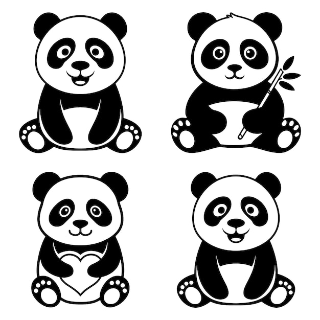 Estilo de siluetas vectoriales de íconos de panda aisladas en ilustraciones de fondo blanco