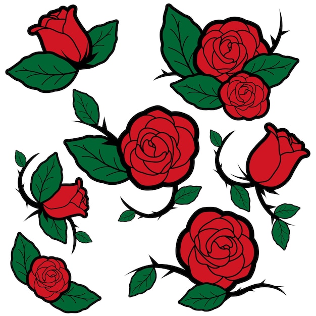 Estilo de tatuaje rosas espinas y brotes tatuajes de rosas rojas rosas brotes de flores y hojas vector