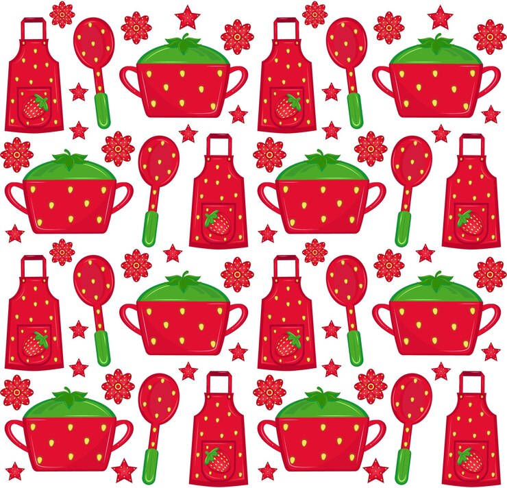 Vector estilo textil sin costuras de electrodomésticos de cocina strawberry conjunto plano de estampado de frutas y flores