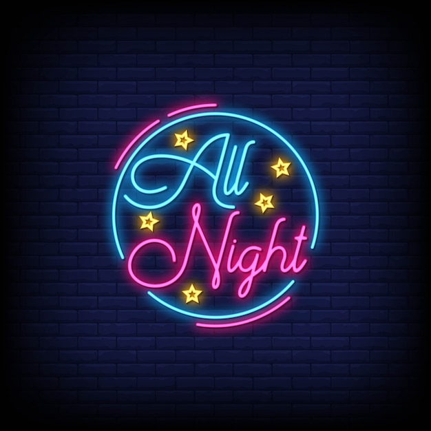 Vector estilo de texto de letreros de neón all night