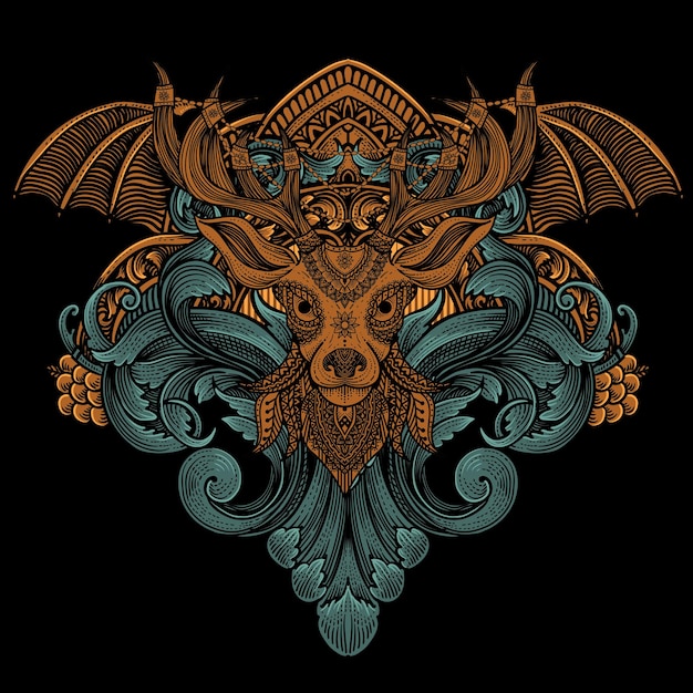 Estilo tribal de cabeza de ciervo con adorno de grabado antiguo
