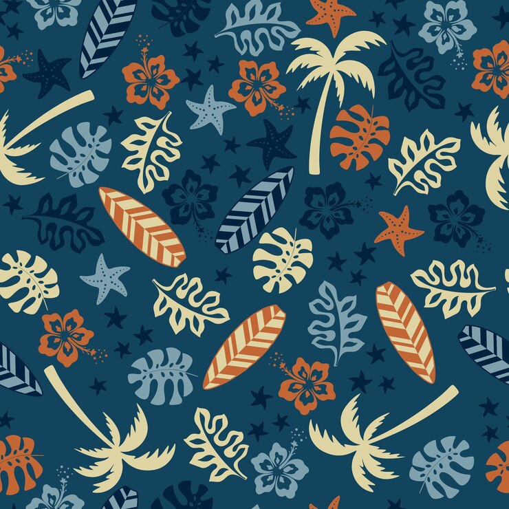 Vector estilo de verano sin costuras flores de palma hojas tablas de surf y estrellas de mar