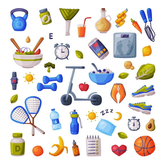 Estilo de vida y dieta saludables gran conjunto de varios equipos de fitness y deportes alimentos útiles nutrición adecuada