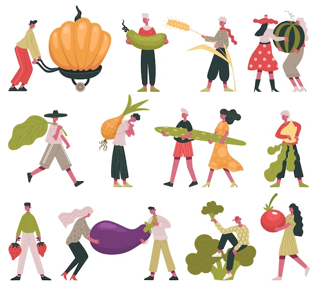 Estilo de vida de dieta vegetariana. Gente pequeña con frutas y verduras, conjunto de ilustración de vector de alimentos orgánicos saludables de granja. Comer personajes de comida sana. Sosteniendo frutas y verduras comiendo y cargando