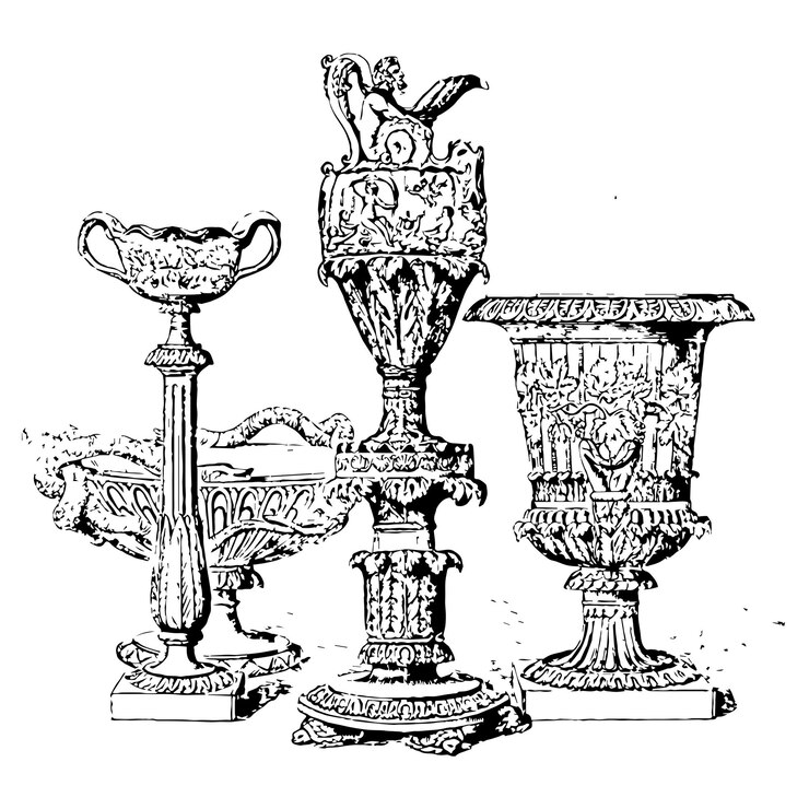 Vector estilo de vida de lujo aristocrático con estatuas de jardín de muebles de diseño de casas medievales