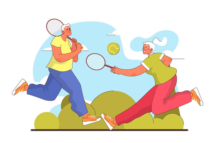 Vector estilo de vida saludable y activo personajes femeninos y masculinos mayores que disfrutan de estar afuera jugando