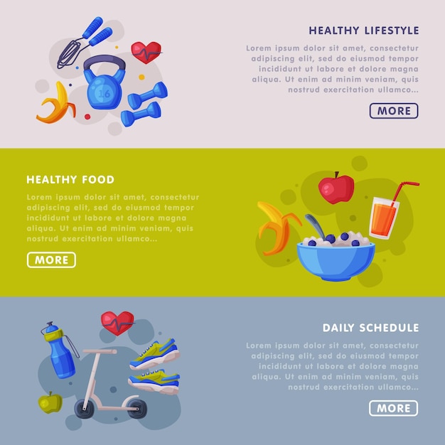 Vector estilo de vida saludable alimentos horario diario plantillas de página de aterrizaje establecer la nutrición adecuada alimentos aptitud y