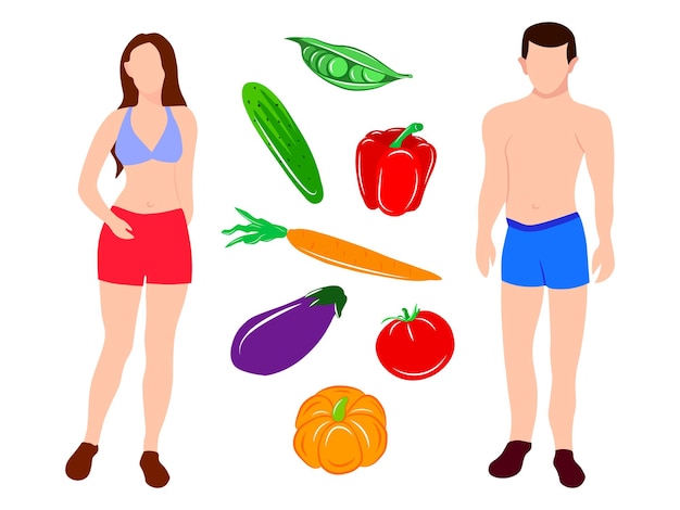 Estilo de vida saludable comida comer concepto vector ilustración aislado figura delgada mujer y hombre dibujos animados carácter plano cuerpo persona dieta hamburguesa fresca orgánica granja vegetal zanahoria tomate colorido conjunto