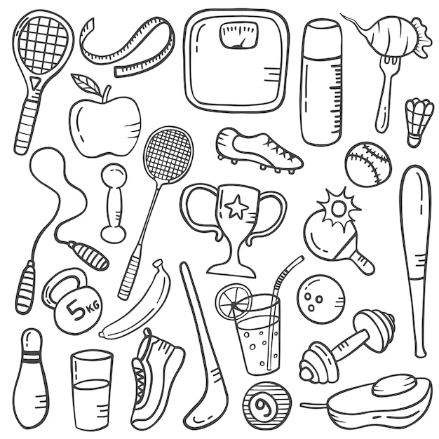 Estilo de vida saludable doodle colecciones de conjuntos dibujados a mano con estilo de contorno blanco y negro