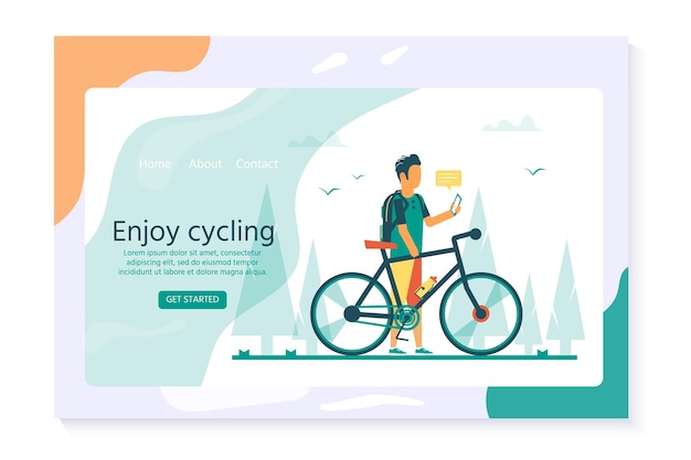 Estilo de vida saludable con joven montando bicicleta y enviando mensajes de texto. Icono de ciclismo aislado sobre fondo blanco. Plantilla de ilustración vectorial moderna para sitios web.