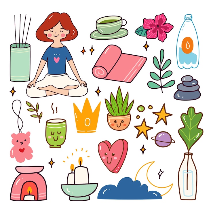 Vector estilo de vida saludable meditación kawaii doodle set