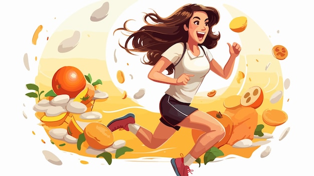 Estilo de vida saludable Mujer corriendo con huevos frescos frutas y queso