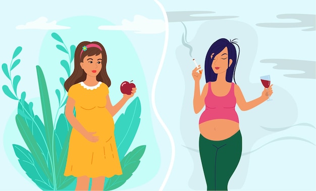 Estilo de vida saludable de la mujer embarazada y concepto de estilo de vida poco saludable mujer embarazada feliz