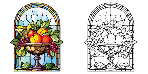 Estilo de vidrio pintado, naturaleza muerta, cuenco de frutas con regalos página para colorear y diseño de portada vectorial