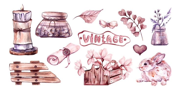 Vector el estilo vintage del arte de la acuarela establece elementos rosas y marrones sobre fondo blanco para pegatinas, diseño
