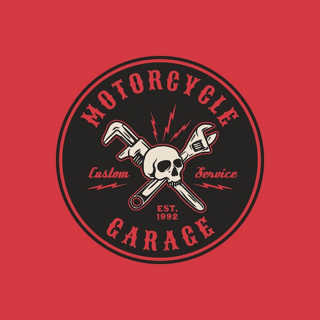 Estilo vintage dibujado a mano de la insignia del logotipo de la motocicleta y el garaje