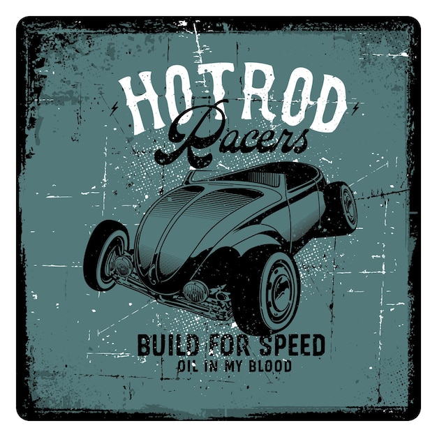 Vector estilo vintage handdraw azul hotrod con textura grunge