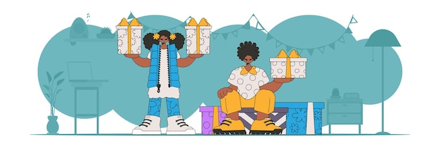 Los estilos de los años 80 y 90 el chico y la chica están sosteniendo cajas de regalos concepto de sorpresa de vacaciones