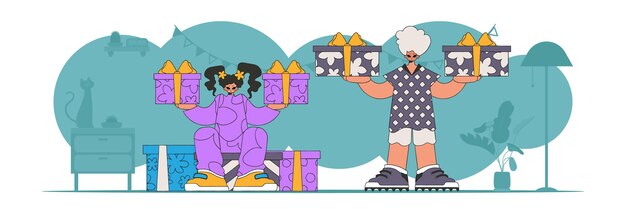 Los estilos de los años 80 y 90 el chico y la chica tienen cajas de regalos el concepto de las vacaciones y regalos