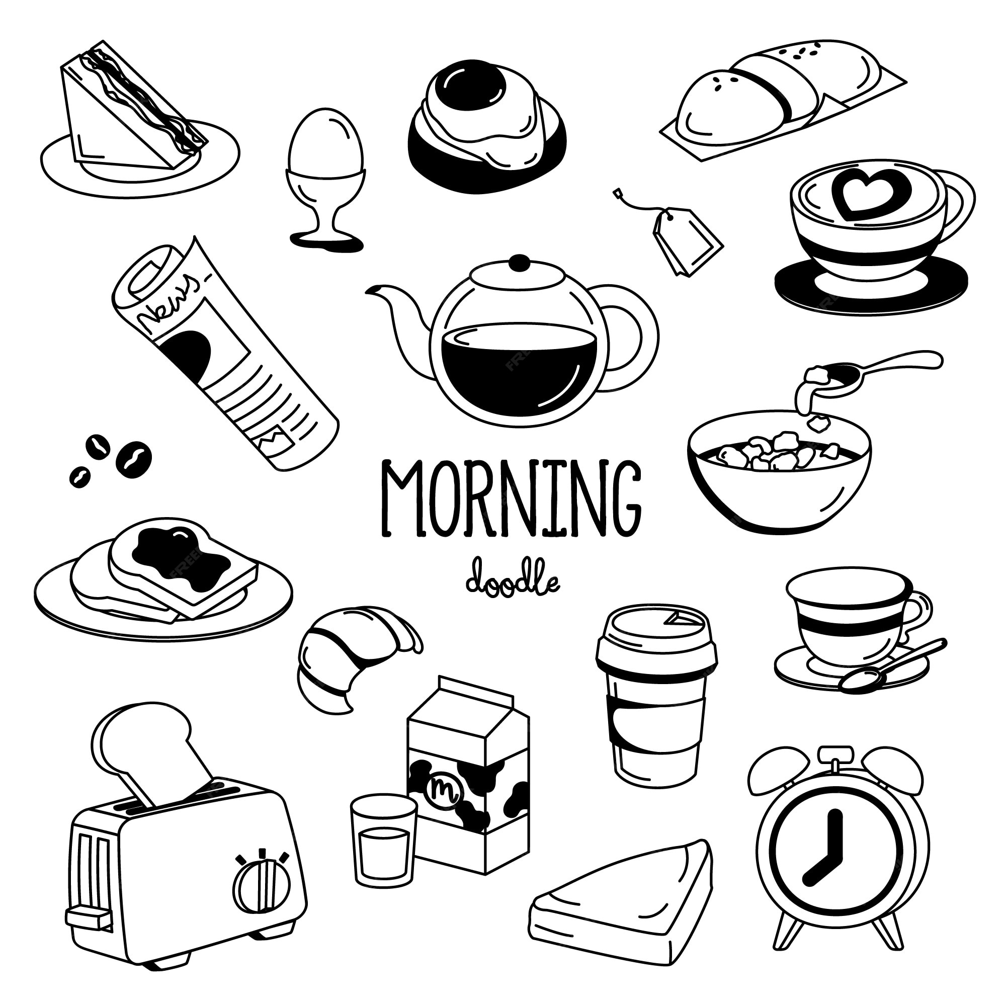 Estilos de dibujo a mano cosas de la mañana. doodle de la mañana | Vector  Premium