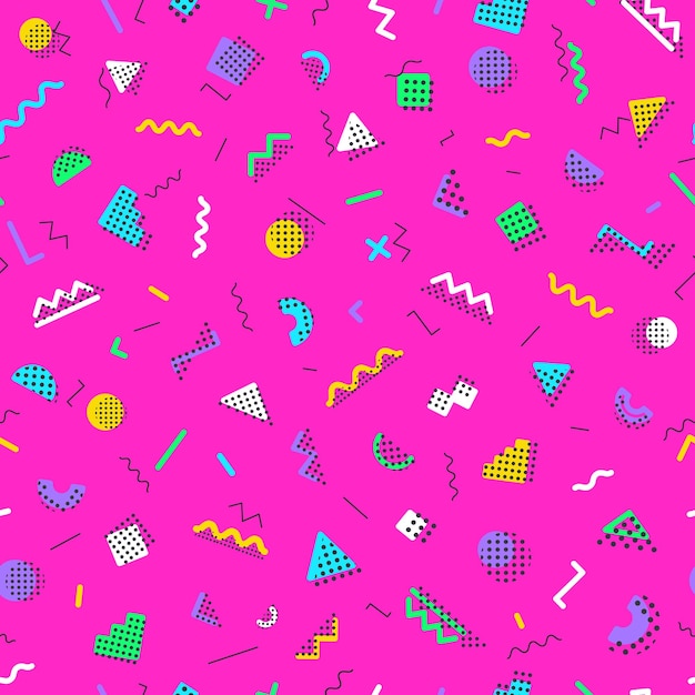 Vector estilos de patrones sin costuras de memphis en fondo rosa estilo de memphis de moda estilo de memphis geométrico sin costuras colorido diferentes formas estilo de colores estilo de hipster estilo de memfis ilustración vectorial