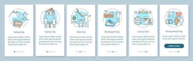 Estilos de viaje que incorporan la pantalla de la página de la aplicación móvil con conceptos lineales. Tour de lujo y multideporte. Viaje en solitario. Instrucciones gráficas de seis pasos de tutorial. UX, UI, plantilla de vector de GUI con ilustraciones