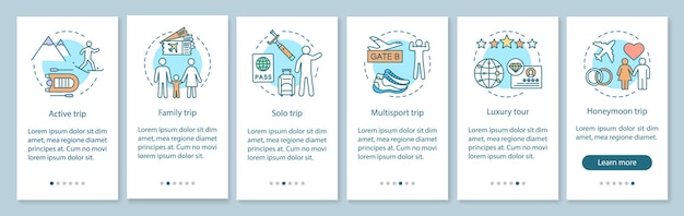 Vector estilos de viaje que incorporan la pantalla de la página de la aplicación móvil con conceptos lineales. tour de lujo y multideporte. viaje en solitario. instrucciones gráficas de seis pasos de tutorial. ux, ui, plantilla de vector de gui con ilustraciones