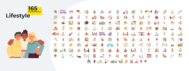 Estilos de vida multirraciales dibujos animados ilustraciones planas mega paquete