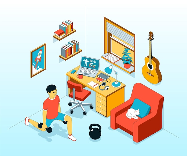 Estocada de ejercicio de entrenamiento en casa con ilustración isométrica de pesas