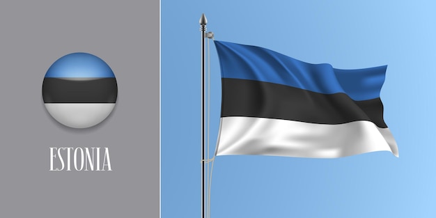 Estonia ondeando la bandera en el asta de la bandera y la ilustración de vector de icono redondo. maqueta 3d realista con diseño de bandera de estonia y botón circular