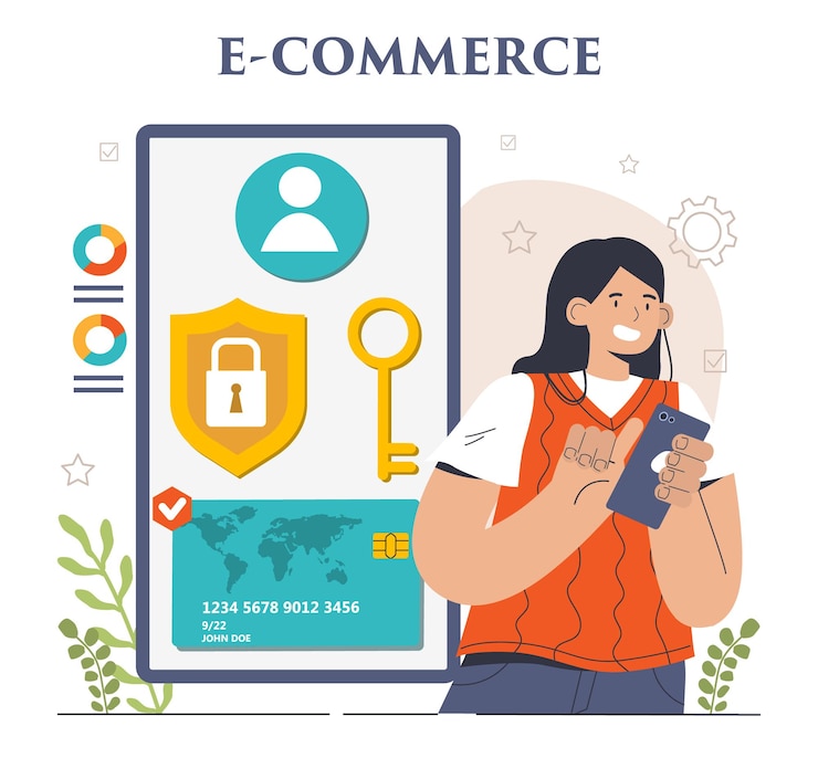 Vector estore y comercio electrónico emprendedor que vende bienes y gana