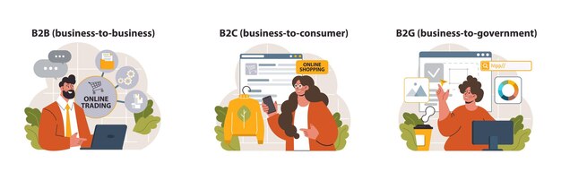 Estore y ecommerce set empresario vendiendo bienes y obteniendo ganancias en la marca de la plataforma digital