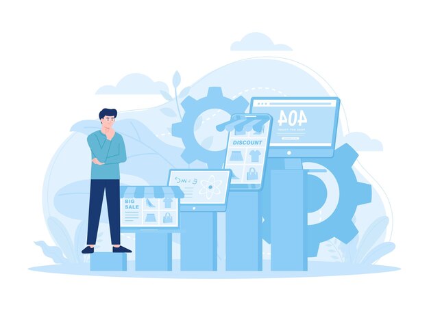 Estrategia para comenzar un negocio en línea concepto de tendencia ilustración plana