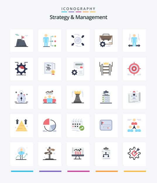 Estrategia creativa y gestión 25 paquete de iconos planos como dirección de bolsa de usuario de equipo de ingeniero