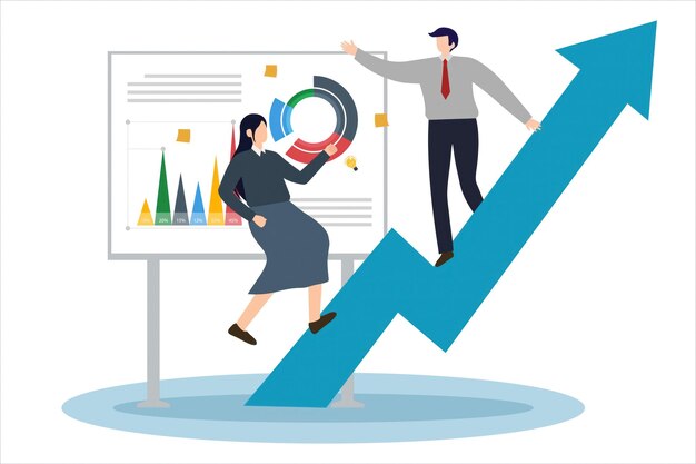 Estrategia de crecimiento empresarial ilustrada con gráficos y tendencias ascendentes Ilustración vectorial