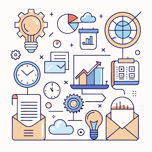 Estrategia de desarrollo empresarial con gráficos, reloj, envoltura de bombilla y nube