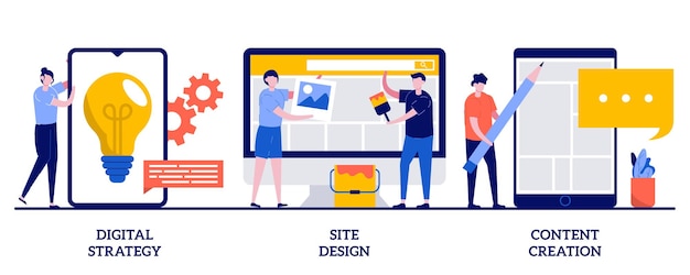 Estrategia digital, diseño de sitios, ilustración de creación de contenido con personas diminutas