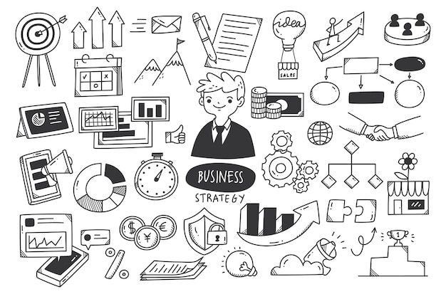 Estrategia empresarial doodle conjunto ilustración vectorial