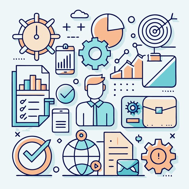 Estrategia empresarial con íconos que representan varios conceptos empresariales