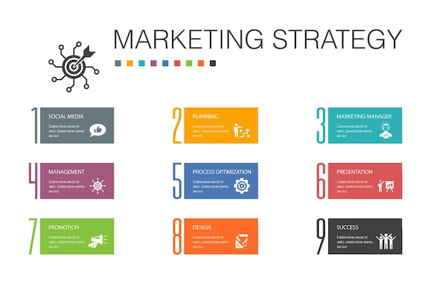 Estrategia de marketing Infografía 10 concepto de línea de opción. Planificación, gerente de marketing, presentación, planificación de iconos simples