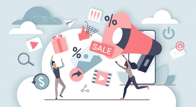 Estrategia de marketing en línea gente con megáfono generación de regalos reseñas descuento