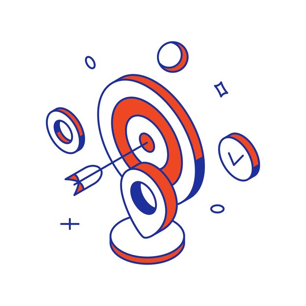 Estrategia de marketing SEO exitosa analizando con tablero de dardos y flecha icono 3d vector isométrico