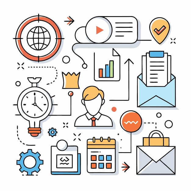Estrategia de negocio y concepto de planificación con varios iconos