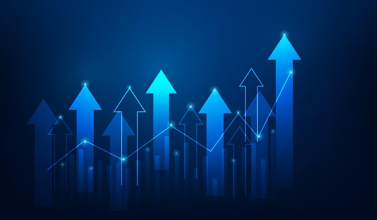 Vector estrategia de negocio flecha hacia arriba y gráfico de crecimiento tecnología de fondo oscuro aumento del comercio al éxito