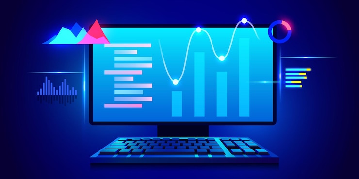 Vector estrategia y planificación empresarial análisis de datos e inversión éxito empresarial computadora con elementos infográficos diseño para presentación